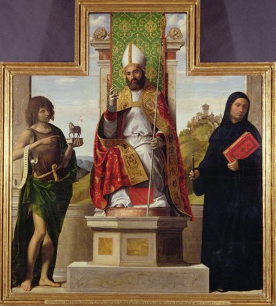 St. Lanfranc van Pavia op de troon tussen St. Johannes de Doper en St. Liberius, c.1515-16 door Giovanni Battista Cima da Conegliano